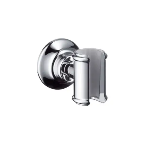 Brausehalter aus verchromtem Metall, rundes Wandteil mit Halterung für die Dusche. Produkt von AXOR, geeignet für verschiedene Badezimmerstile.